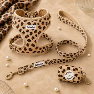 Petwelve Retro Leopard Textured Dog Walking Bundle - Comfort Adjustable Harness, Lead & Poop Bag Case for Fashion Pups