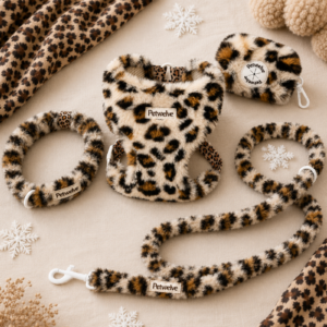 Petwelve 4-in-1 Fuzzy Leopard Winter Dog Harness Bundle | Warm Plush Walking Set