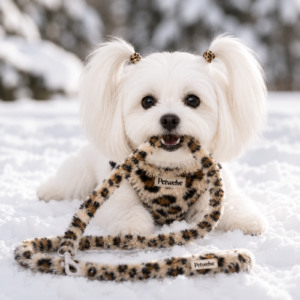 Petwelve 4-in-1 Fuzzy Leopard Winter Dog Harness Bundle | Warm Plush Walking Set