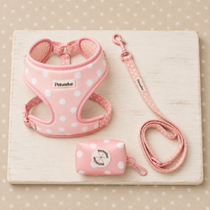 Petwelve Retro Polka Dot Complete Dog Walking Bundle - Comfort Padded Harness, Matching Lead & Waste Bag Case for Stylish Small Breed Dogs