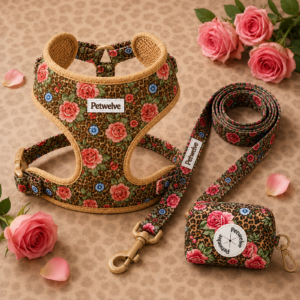 Petwelve Retro Floral Leopard Dog Walking Bundle - Ergonomic Comfort Harness, Coordinating Lead & Poop Bag Case for Stylish Pups