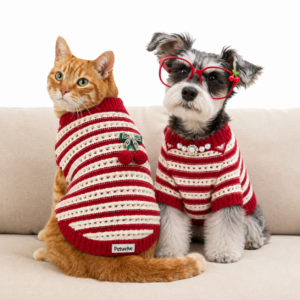Elegant Pearl‑Trimmed Hollow Knit Pet Sweater, Vintage Red & Cream Striped Jumper for Small Pets