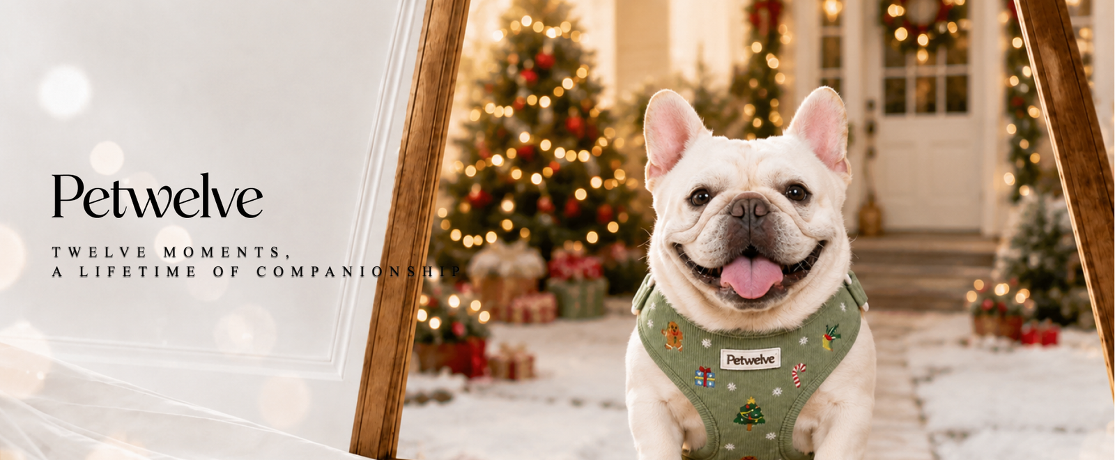 Petwelve brand banner: cream French Bulldog wearing sage green corduroy Christmas harness in snowy yard with glowing tree and wrapped gifts, tagline Twelve Moments a Lifetime of Companionship