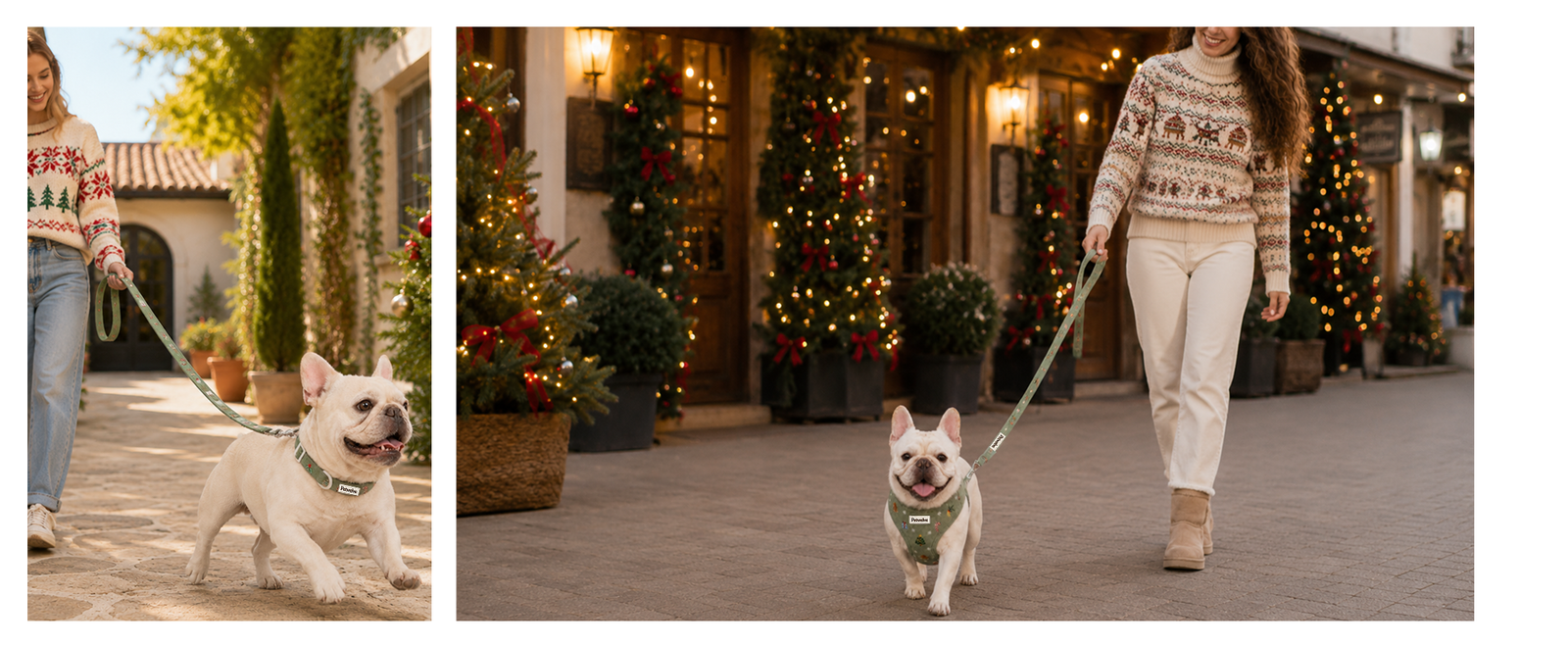 Woman walking cream French Bulldog wearing Petwelve green Christmas dog harness and matching festive patterned leash on decorated holiday street with glowing Christmas trees at dusk