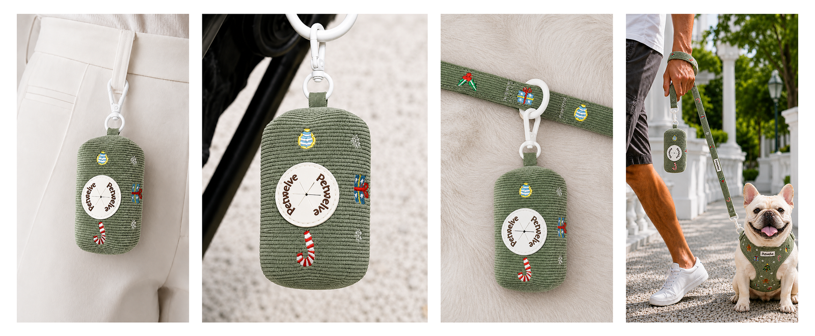 Petwelve sage green corduroy Christmas poop bag dispenser shown clipped to belt loop, hanging from collar and leash, with French Bulldog wearing matching embroidered corduroy harness outdoors
