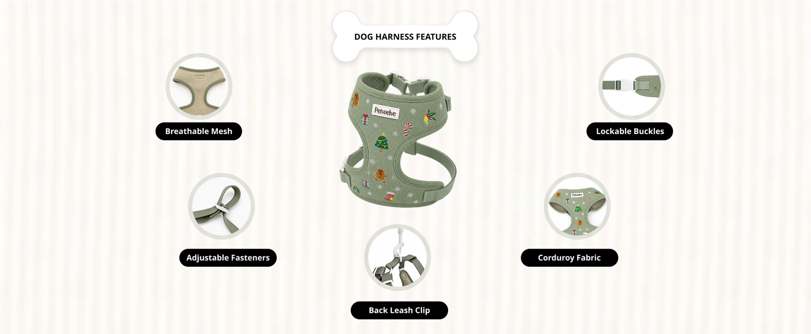 Petwelve green corduroy Christmas dog harness feature infographic: breathable mesh lining, adjustable fasteners, back leash clip D-ring, corduroy fabric texture and lockable side-release buckles