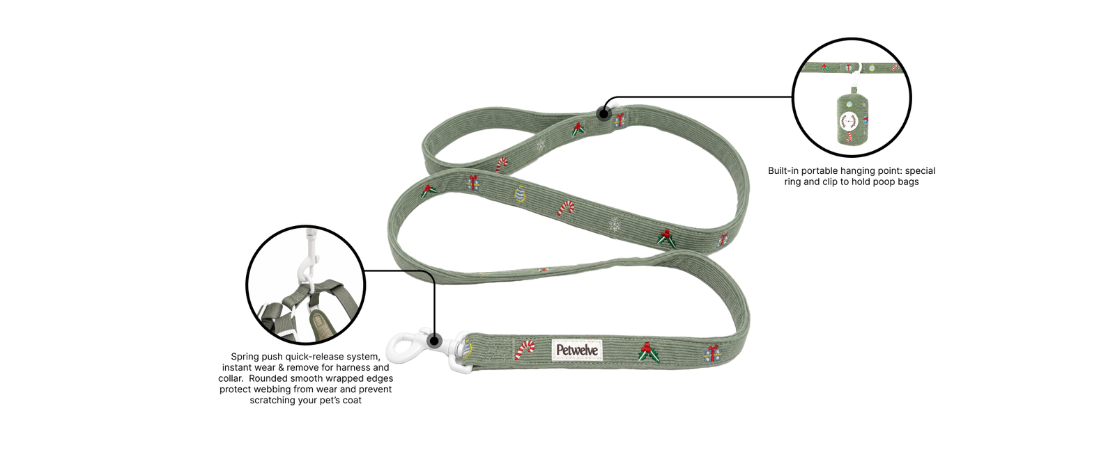 Petwelve sage green corduroy Christmas dog leash infographic showing spring push quick-release bolt snap hook for instant wear and built-in hanging ring and clip to hold poop bag dispenser