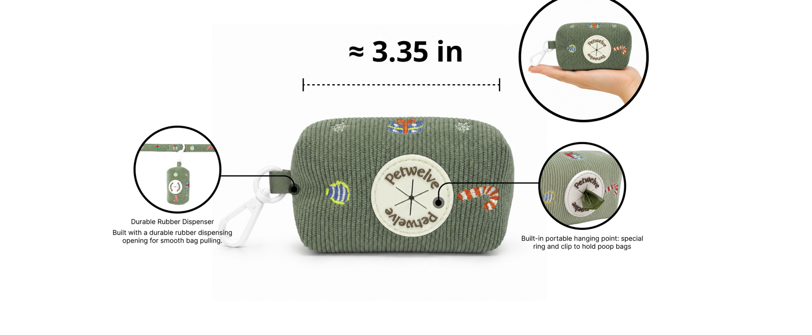 Petwelve sage green corduroy Christmas poop bag dispenser infographic, portable 3.35 inch pouch with durable rubber dispensing opening and swivel carabiner clip for leash attachment