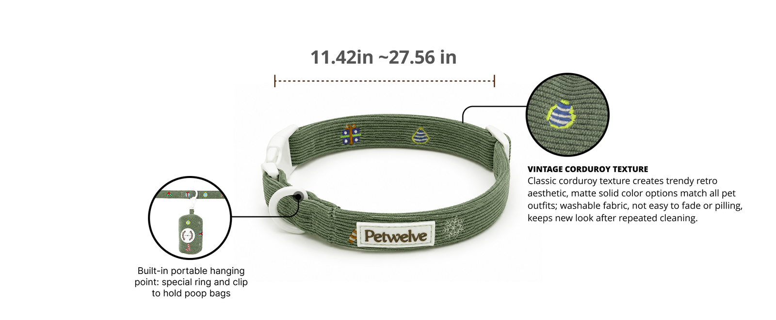 Petwelve sage green corduroy Christmas dog collar infographic, adjustable 11.42 to 27.56 inches, white D-ring hanging point for poop bag pouch and vintage corduroy texture detail