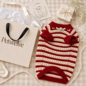 Elegant Pearl‑Trimmed Hollow Knit Pet Sweater, Vintage Red & Cream Striped Jumper for Small Pets