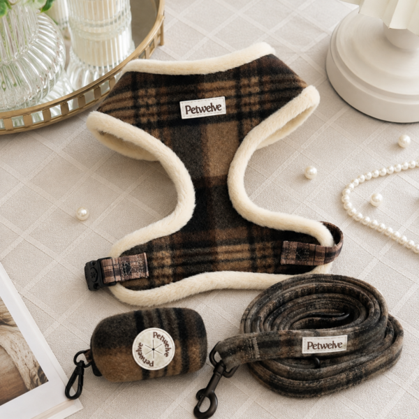 Brown plaid tweed dog harness set with cream faux fur trim, rope leash and poop bag pouch