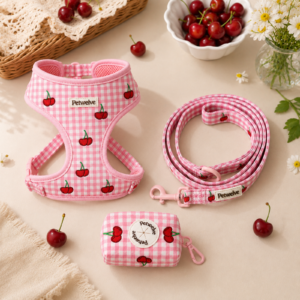 Petwelve Pink Gingham Cherry Embroidered Dog Harness Set, Soft Mesh No Pull Puppy Vest Harness with Leash & Poop Bag Dispenser for Small Medium Dogs