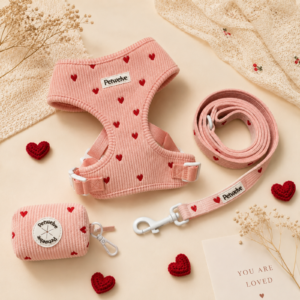 Petwelve Sweet Heart Embroidery Corduroy Dog Vest Harness Complete Walking Kit for Puppies