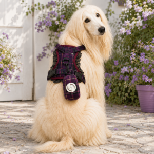 Afghan Hound sitting and looking back wearing Petwelve purple tartan harness with black lace ruffle and maroon trim, matching plaid poop bag dispenser clipped on with black swivel clip