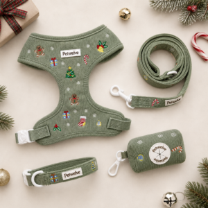 Christmas dog harness set in green corduroy with gingerbread embroidery, collar, leash and poop bag holder