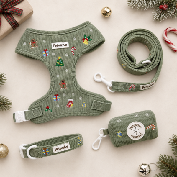Christmas dog harness set in green corduroy with gingerbread embroidery, collar, leash and poop bag holder