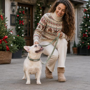 Christmas dog harness set in green corduroy with gingerbread embroidery, collar, leash and poop bag holder PT03