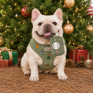 Christmas dog harness set in green corduroy with gingerbread embroidery, collar, leash and poop bag holder PT04