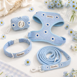 Petwelve Sweet Blue Floral Embroidered Dog Walking Accessory Full Set