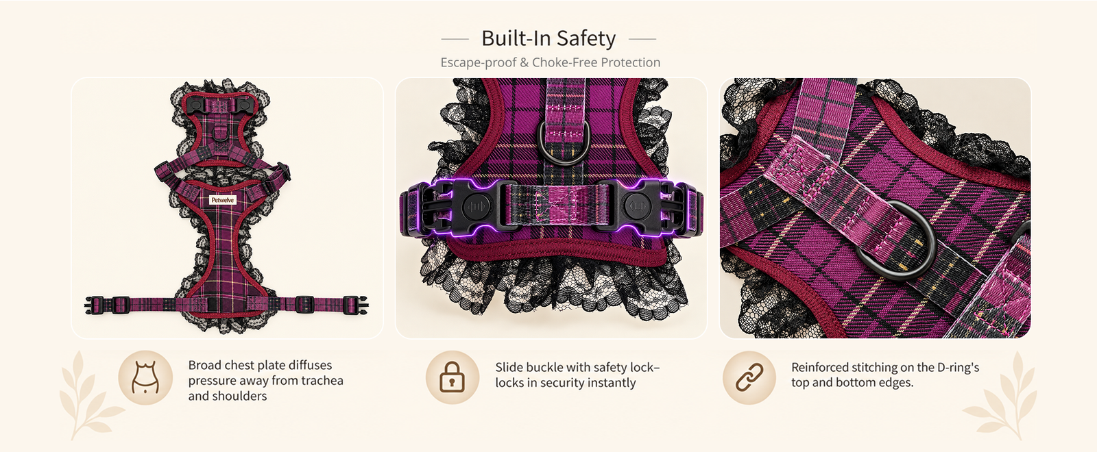 Escape-proof dog harness close-ups: broad chest plate, safety lock buckle and reinforced D-ring stitching