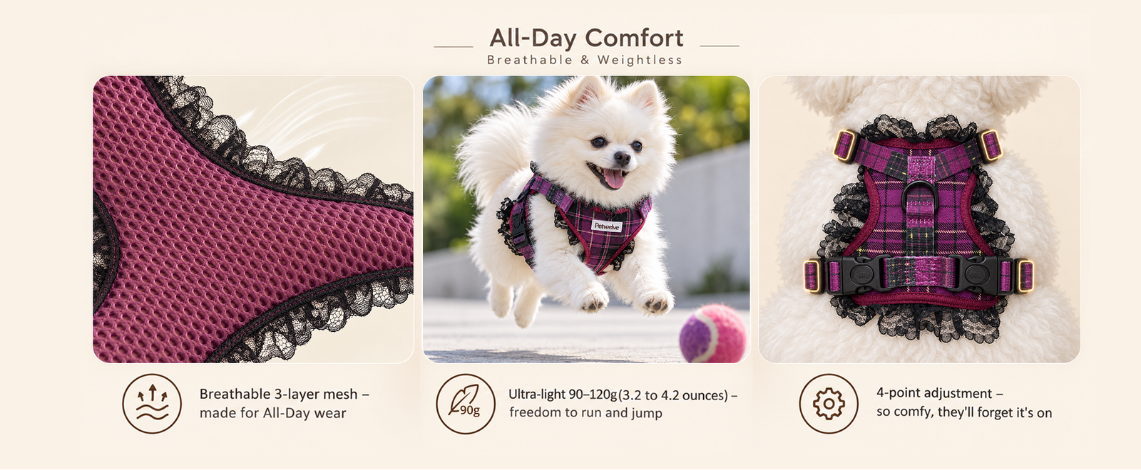 Breathable 3-layer mesh dog harness on a running Pomeranian, plus 4-point adjustment and mesh close-up