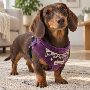 Chocolate dachshund in the purple velvet harness with crystal trim, side view on a cream rug in a living room