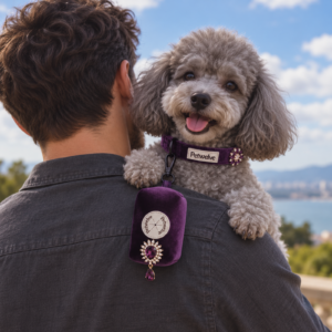 Grey poodle on a man's shoulder wearing the velvet collar, with the amethyst-charmed poop bag dispenser hanging behind