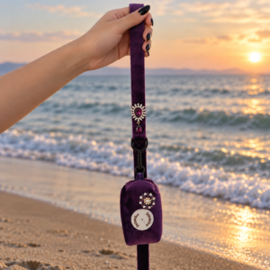 Hand holding the purple velvet leash with an amethyst charm at sunset, the bag dispenser hanging below