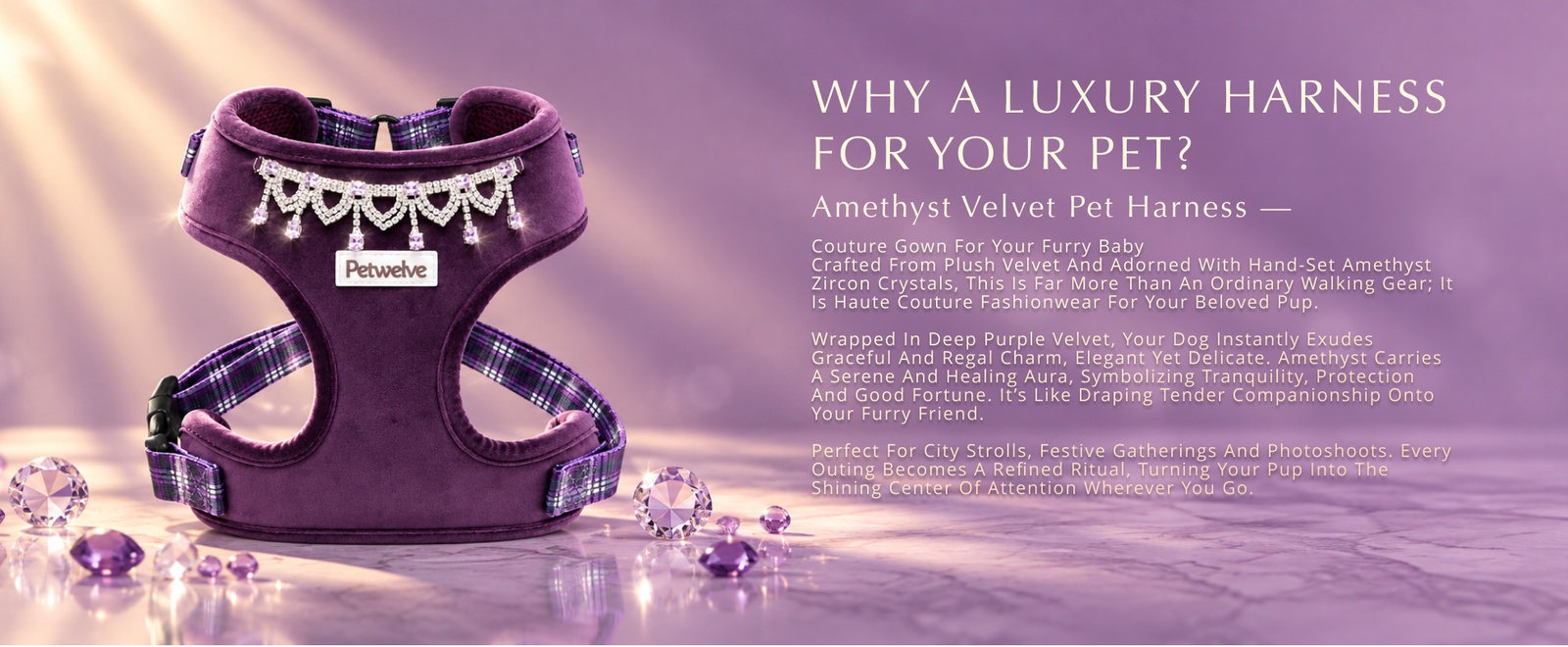 Purple velvet dog harness with hand-set crystal trim displayed on marble among loose amethyst crystals
