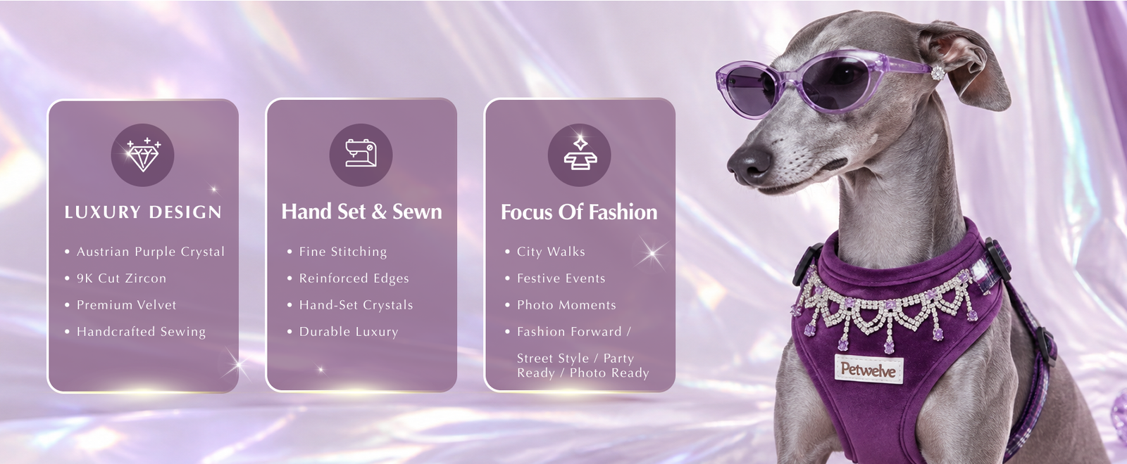 Greyhound in purple sunglasses wearing the velvet harness, beside three cards listing design, stitching and styling details