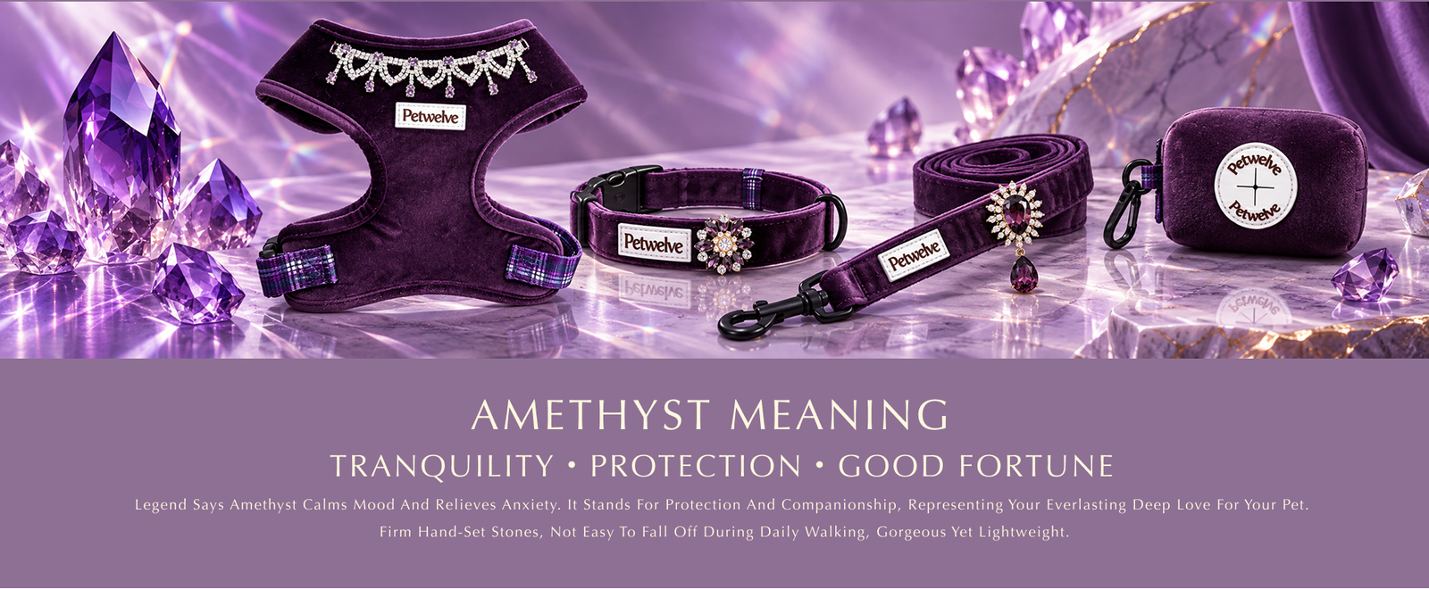 Purple velvet dog harness, collar with charm, leash and poop bag dispenser arranged on marble with amethyst crystals