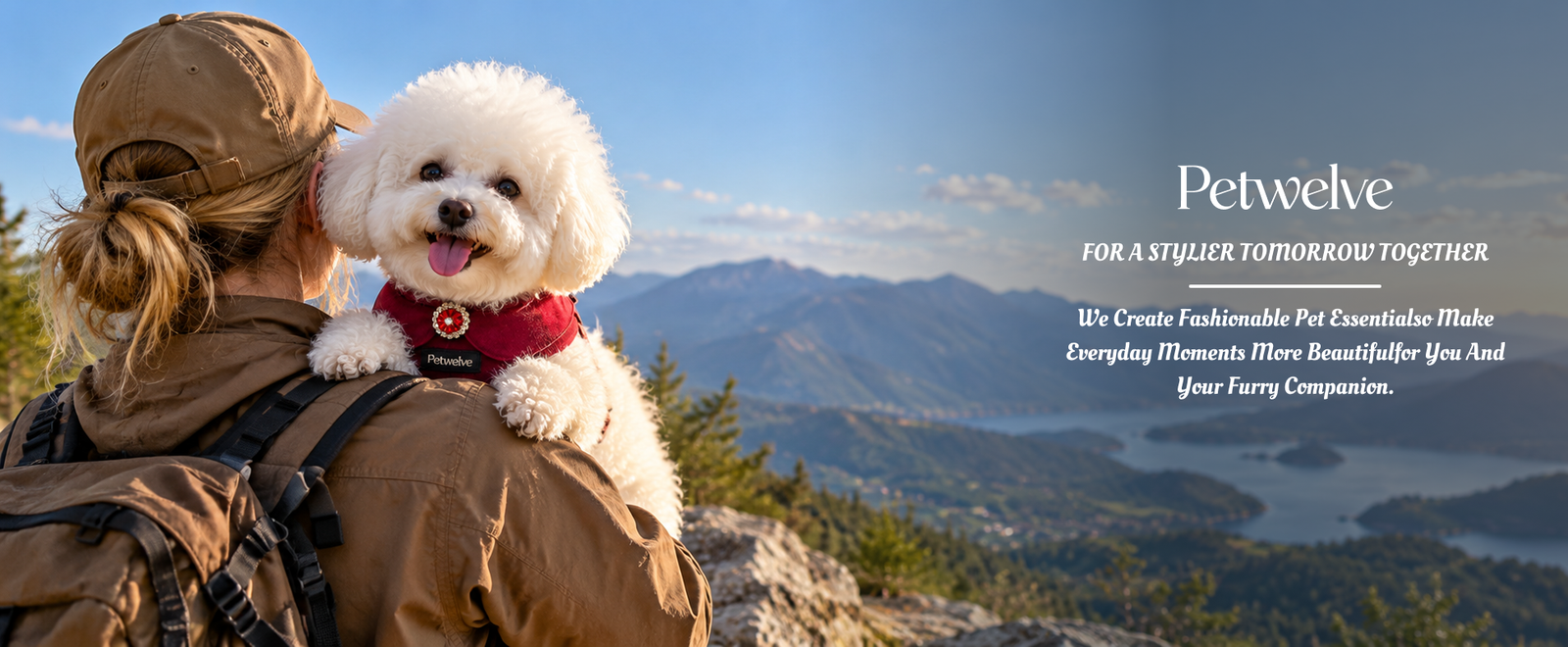 Woman carrying a bichon in the burgundy harness on her shoulder, looking out over a mountain valley