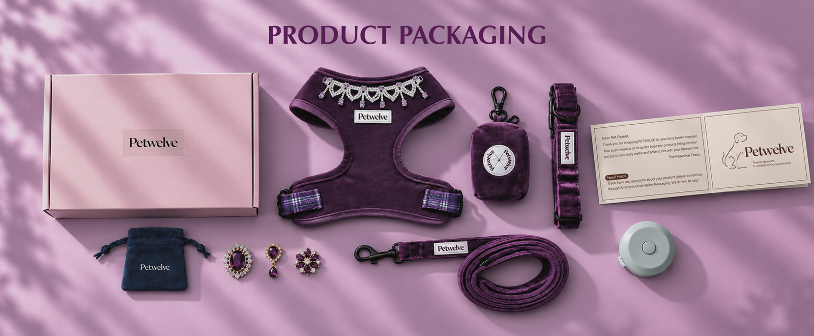 Petwelve gift box with velvet harness, collar, leash, dispenser, dust bag, three charms, care card and a round tin