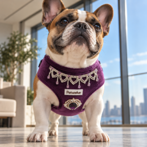 Brindle French bulldog wearing the purple velvet harness with crystal trim, standing in a city apartment