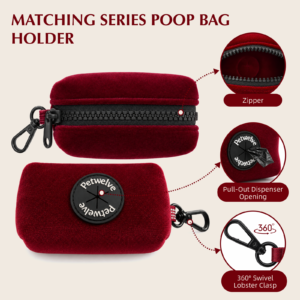 Velvet poop bag holder detail: zipped body, pull-out dispenser badge and 360 degree swivel lobster clasp