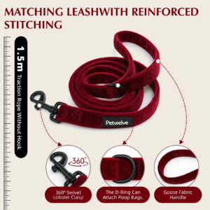 Burgundy velvet leash coiled on white, with a 360 swivel lobster clasp, a D-ring for bag holders and a padded handle