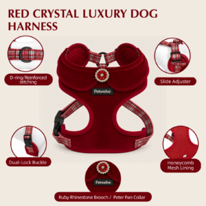 Front view of the burgundy velvet harness with ruby rhinestone brooch, plaid webbing, dual-lock buckle and mesh lining